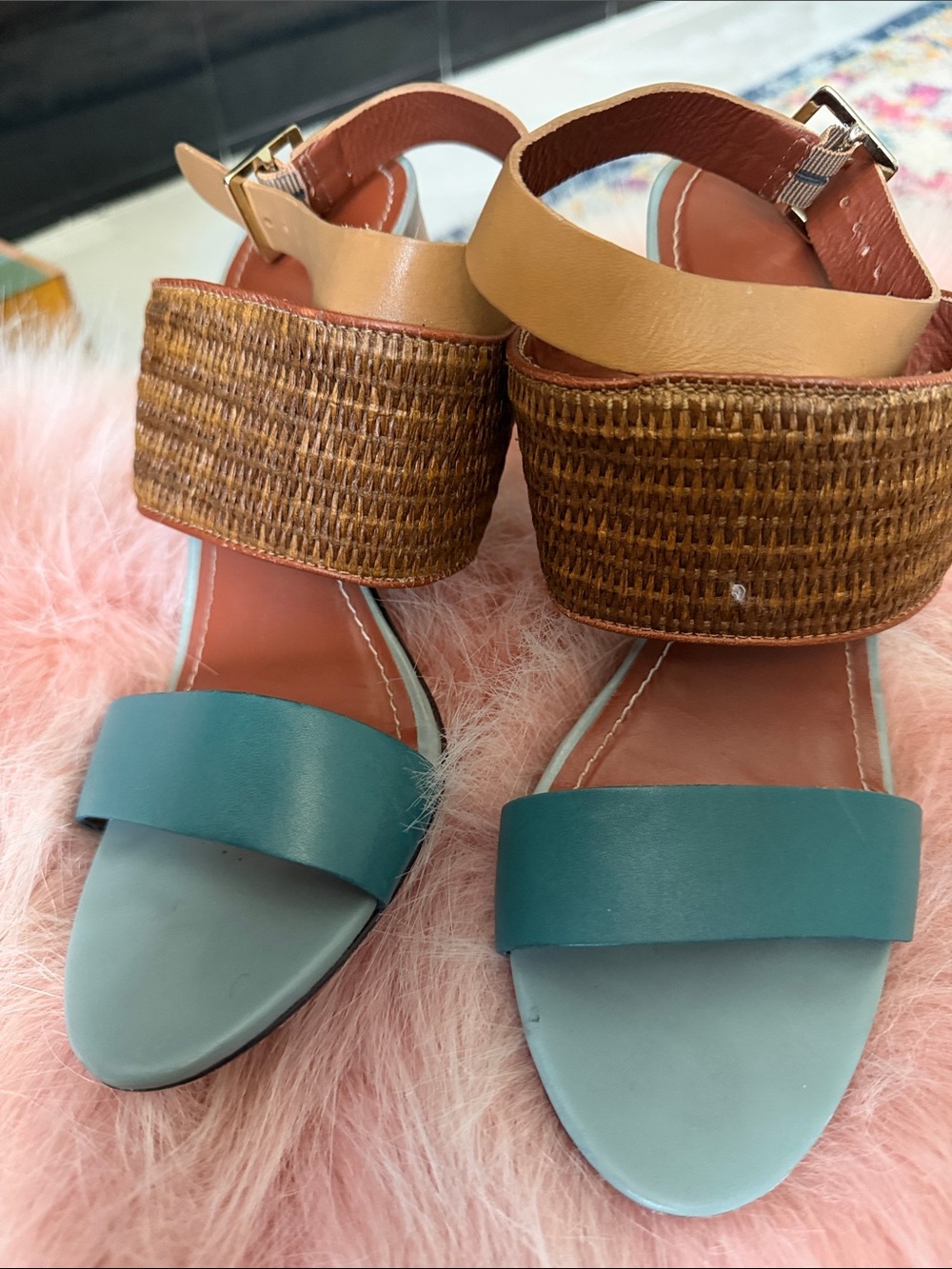 Elizabeth and James Teal and Tan Woven Strap Wedge Sandals